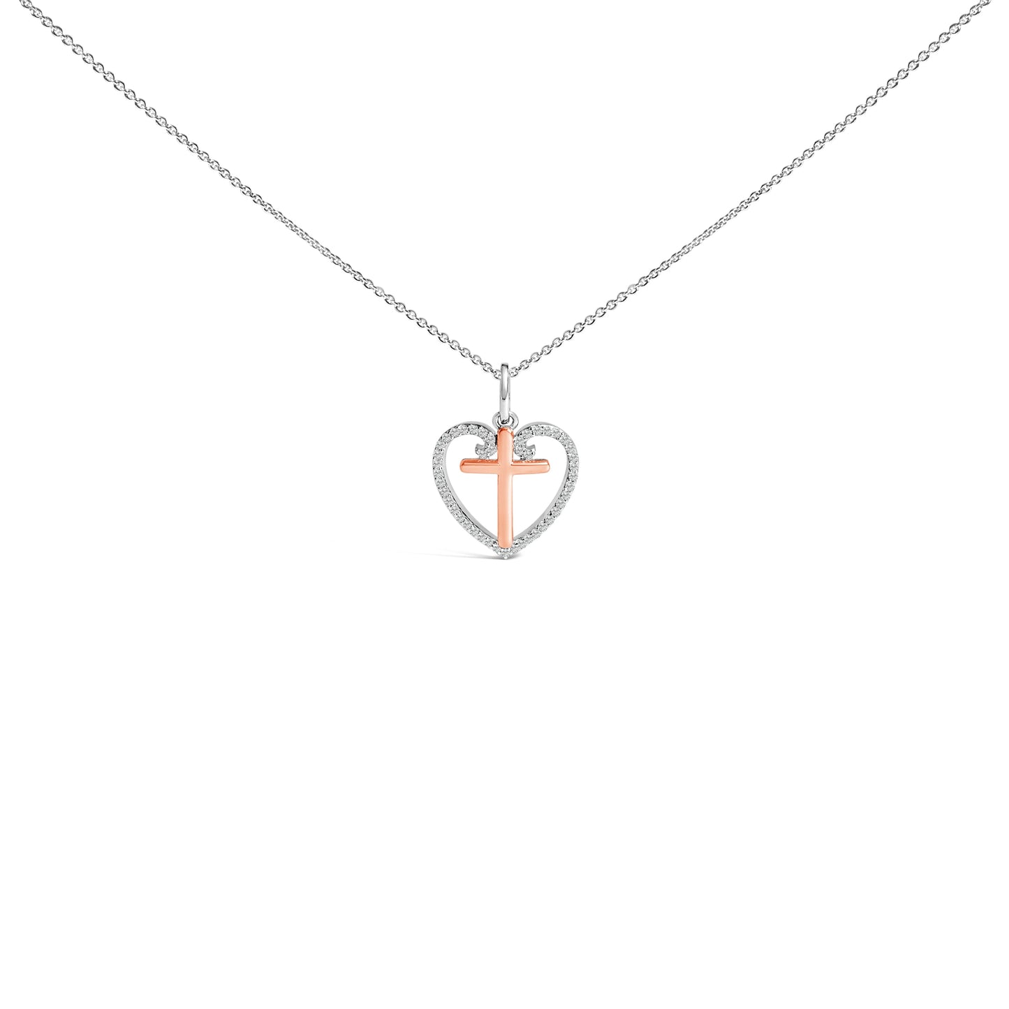 Collar con colgante de cruz en forma de corazón de plata esterlina chapada en oro rosa de 14K y diam