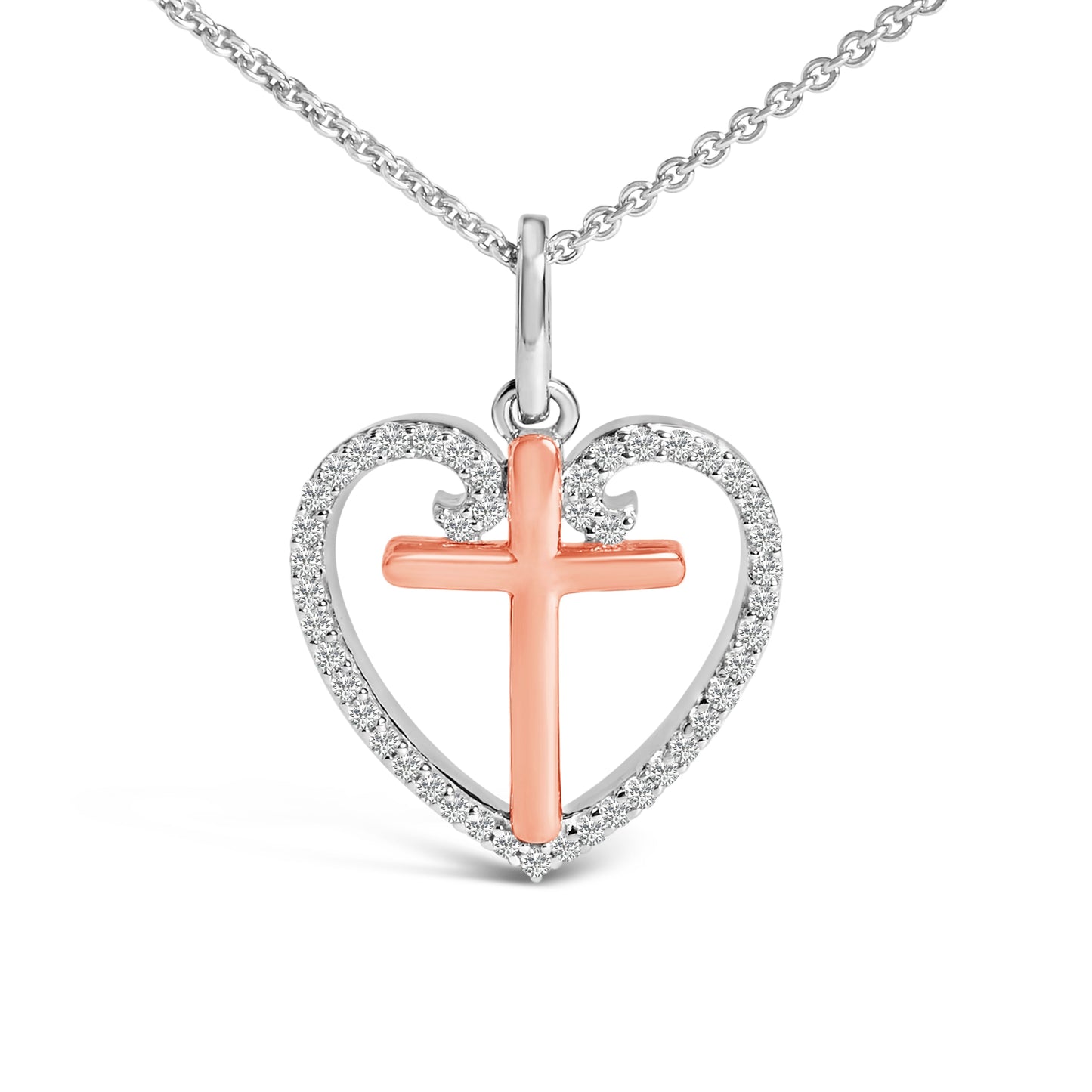 Collar con colgante de cruz en forma de corazón de plata esterlina chapada en oro rosa de 14K y diam