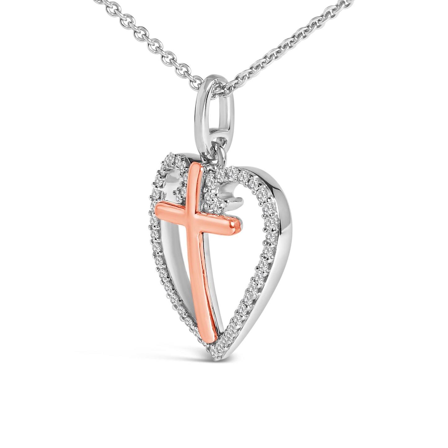 Collar con colgante de cruz en forma de corazón de plata esterlina chapada en oro rosa de 14K y diam