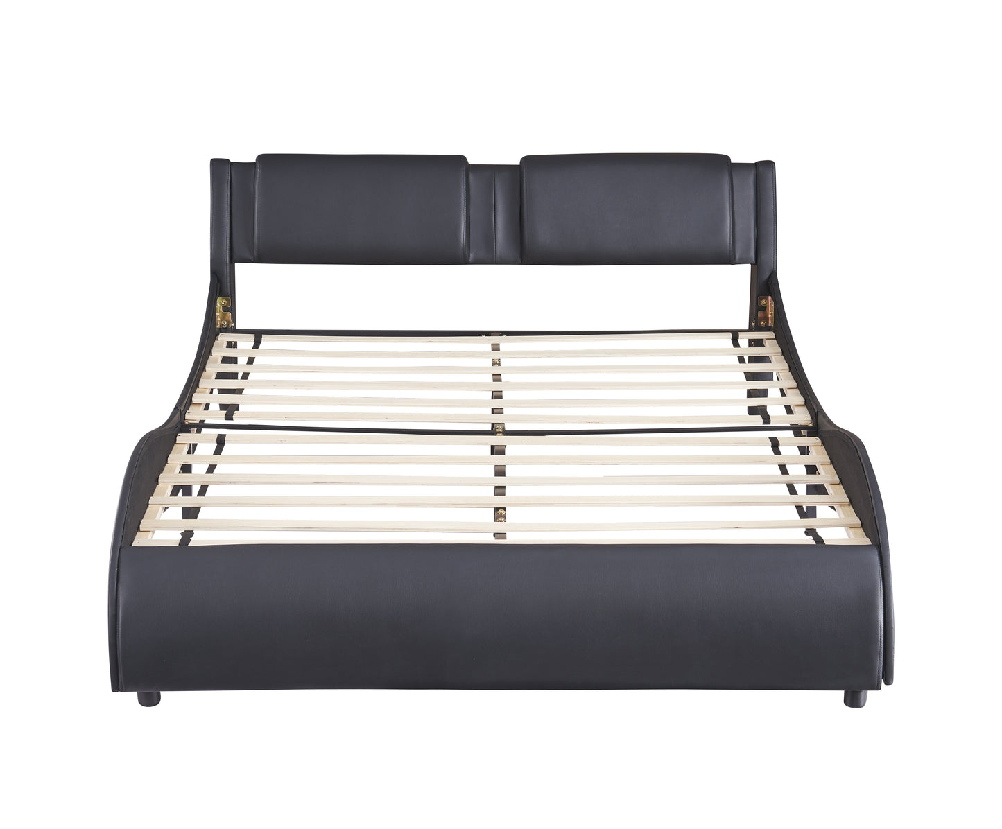 Queen Size Upholstered Faux Leather Platform Bed with LED Light Bed Frame with Slatted - Black - Korvel