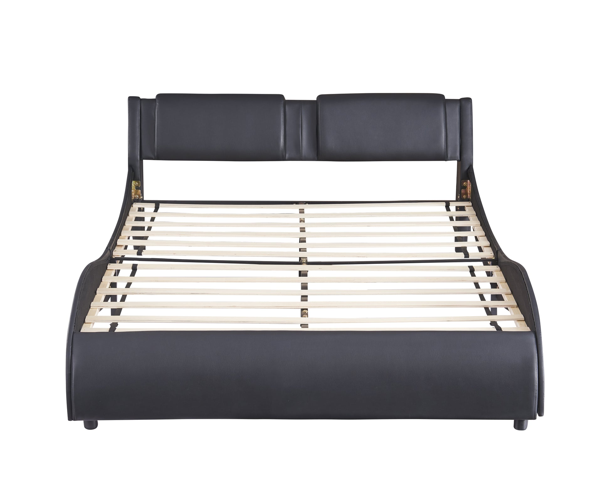 Queen Size Upholstered Faux Leather Platform Bed with LED Light Bed Frame with Slatted - Black - Korvel