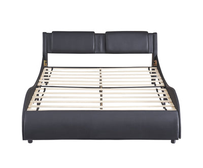 Queen Size Upholstered Faux Leather Platform Bed with LED Light Bed Frame with Slatted - Black - Korvel