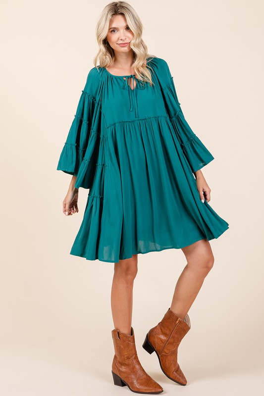 Chic Frill Tie Neck Bell Sleeve Dress for Women – A Perfect Blend of Elegance and Whimsy - Korvel