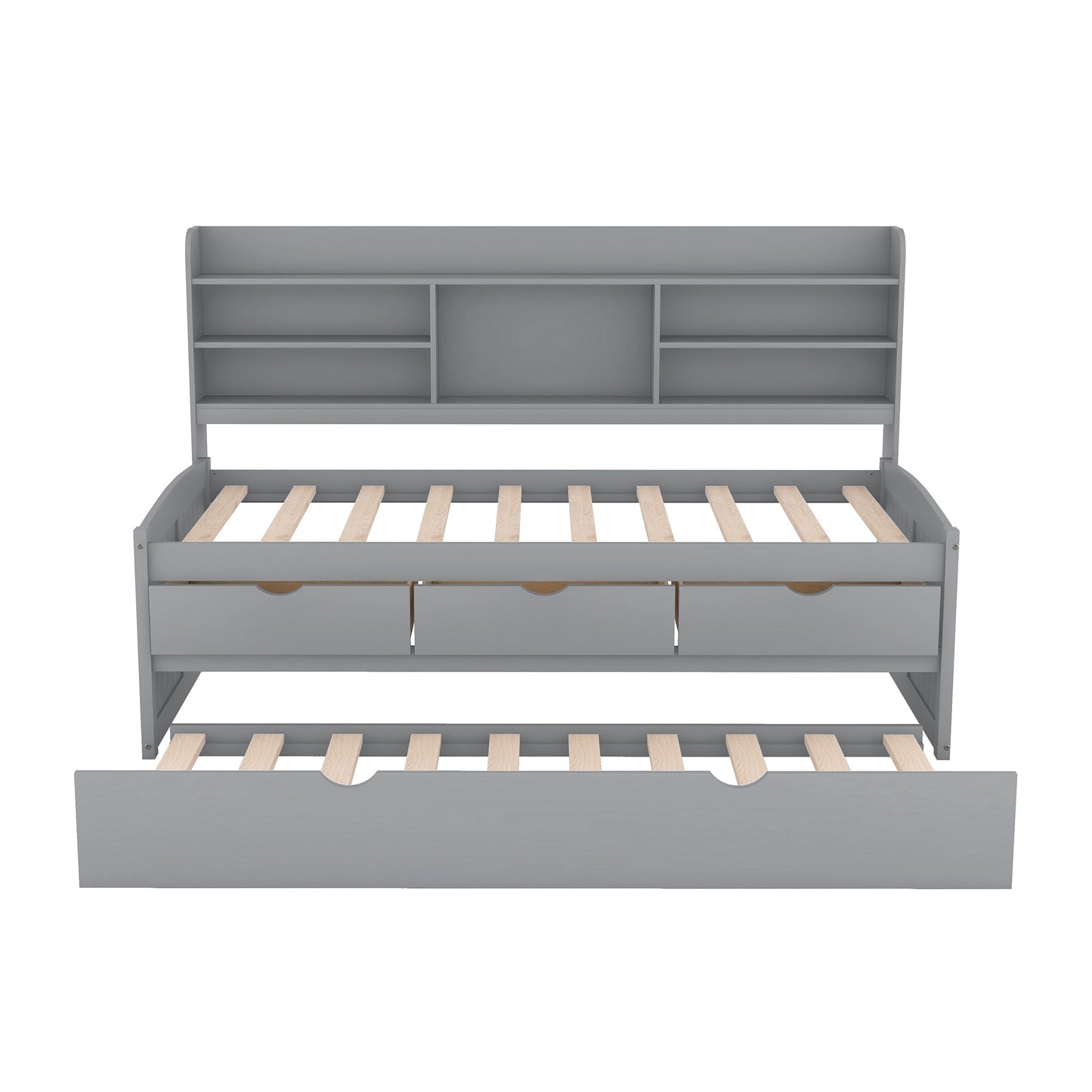 Twin Size Wooden Captain Bed with Built-in Bookshelves,Three Storage Drawers and Trundle Light Grey - Korvel