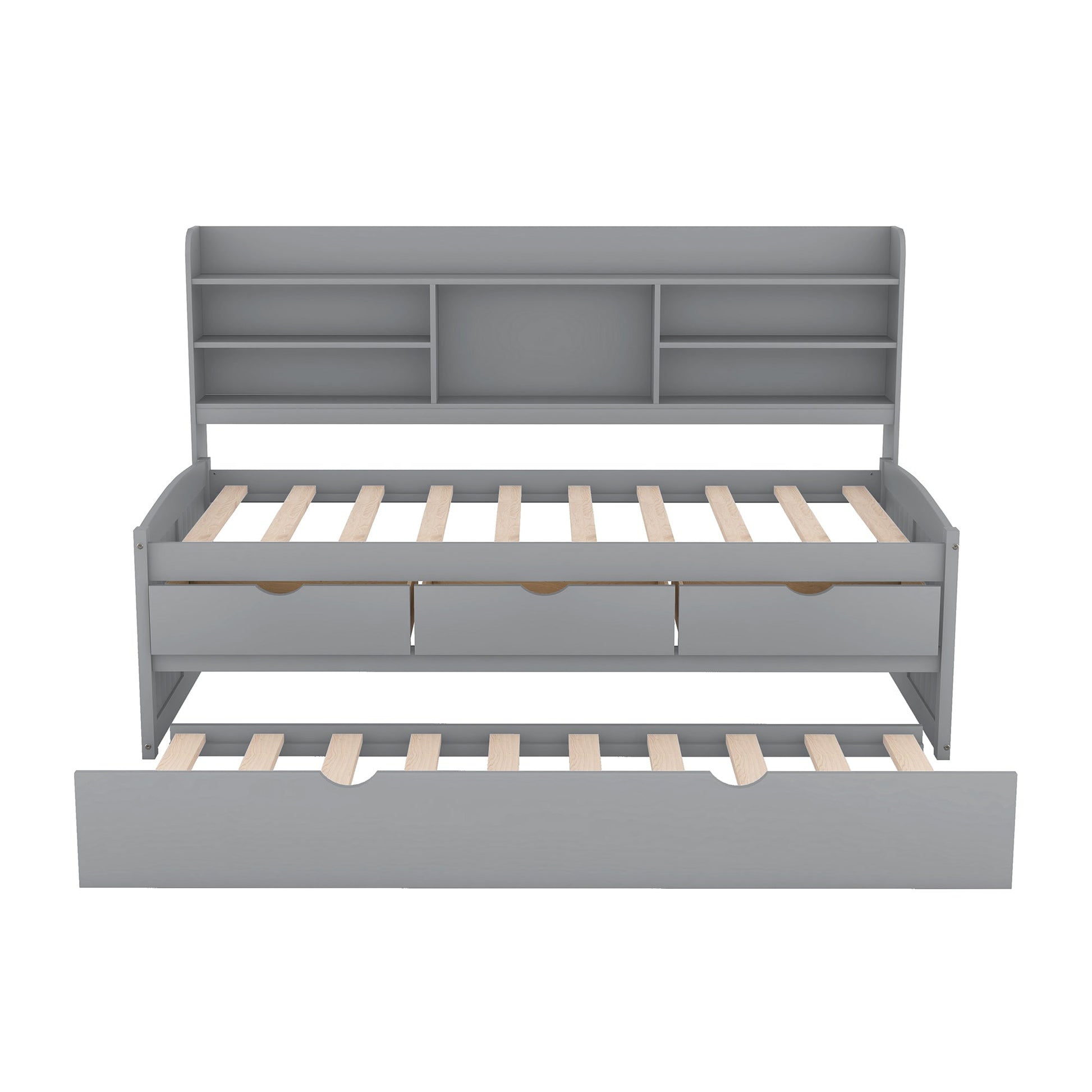 Twin Size Wooden Captain Bed with Built-in Bookshelves,Three Storage Drawers and Trundle Light Grey - Korvel