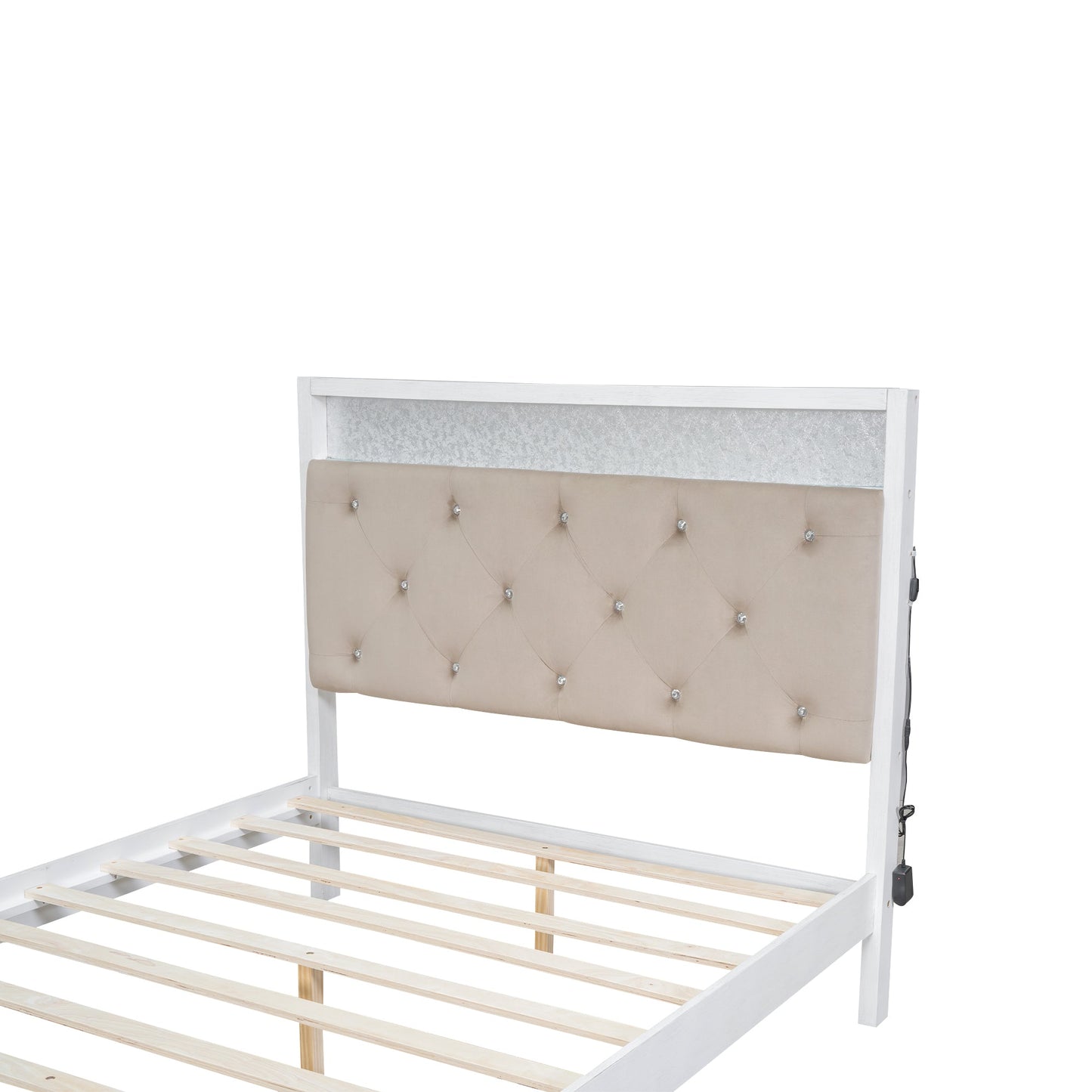 Wood Full Size Platform Bed with Upholstered Headboard and LED and 2 Drawers, Antique White - Korvel