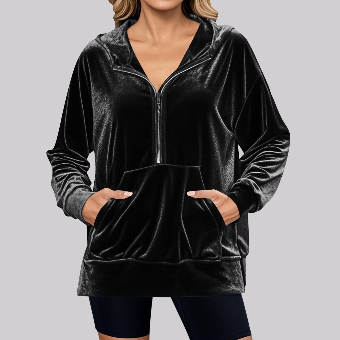 Loose Long Sleeve Zipper Pocket Pleuche Top for Women