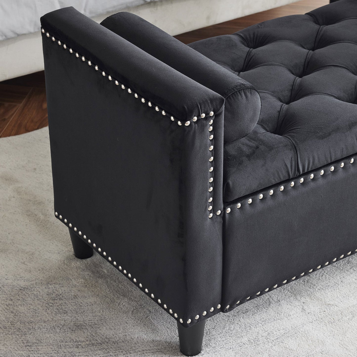 Storage Bench, 44.5-Inch Queen Velvet Button Bedside Bench, Entryway Living Room with Armrests, Nailhead Trim  Black - Korvel