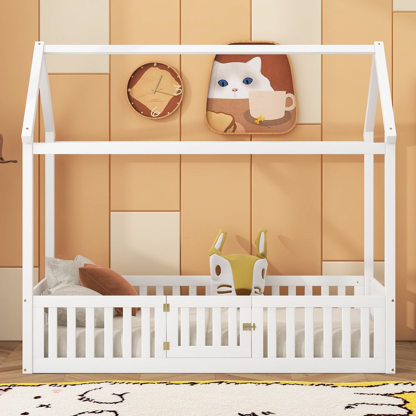 Twin Size Wood House Bed with Fence and Door, White - Korvel