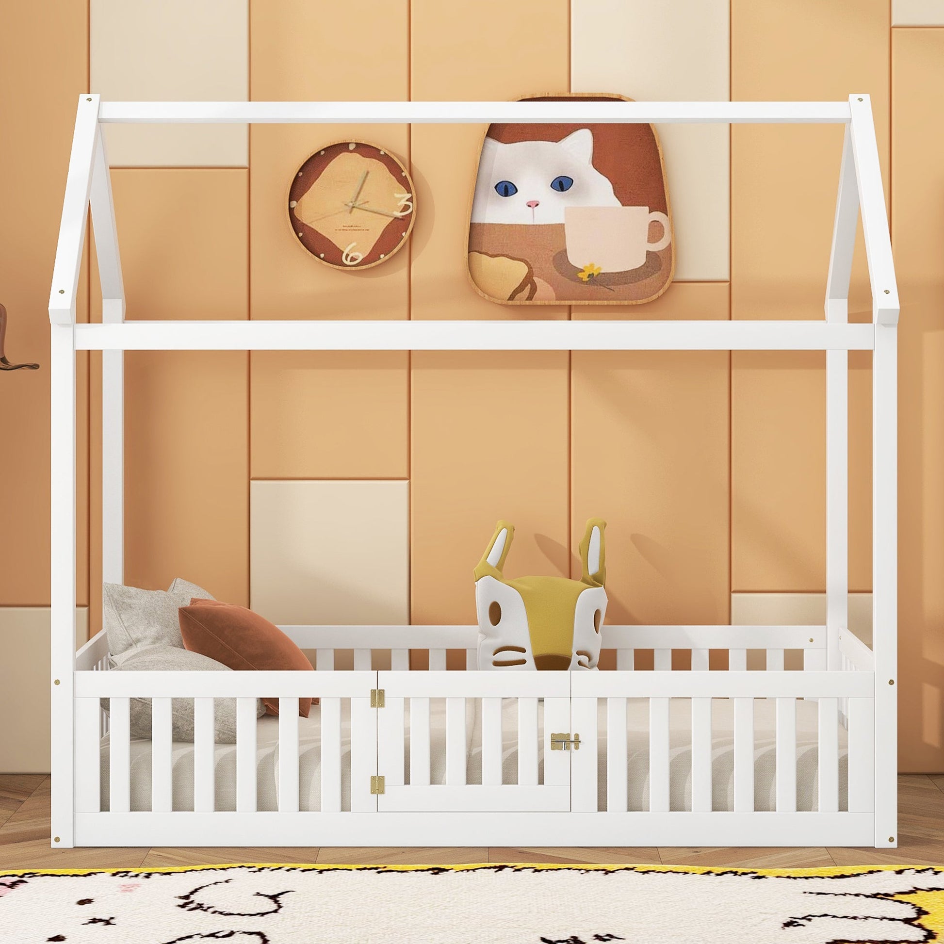 Twin Size Wood House Bed with Fence and Door, White - Korvel