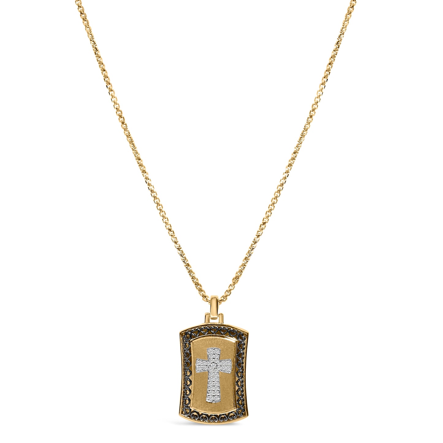 Pendentif en forme de plaque militaire en argent sterling plaqué or jaune 14K avec croix en diamant
