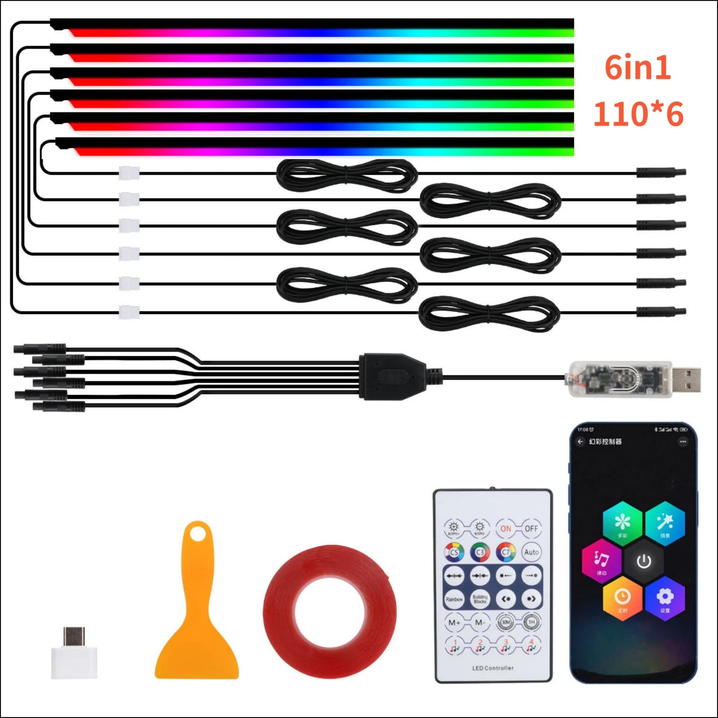 Bande lumineuse intérieure de voiture RGB LED 10-en-1 avec télécommande