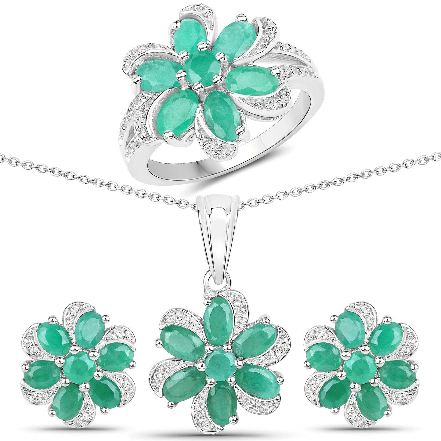 Conjunto de Joyería de Esmeralda y Topacio Blanco de 7.84 Quilates en Plata de Ley