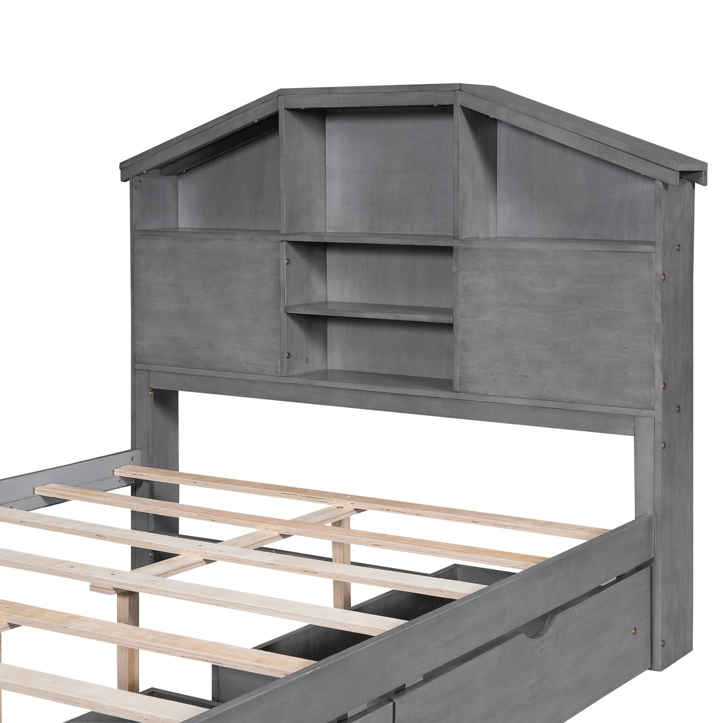 Full Size Wood Platform Bed with Storage Headboard - Gray