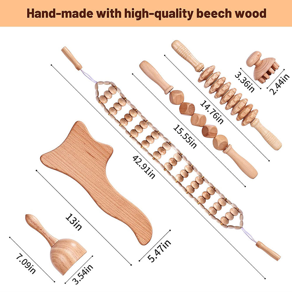 Beech wood therapy scraping cup, meridian dredging roller, tendon rolling stick, scraping board, head massager, massage set - Korvel