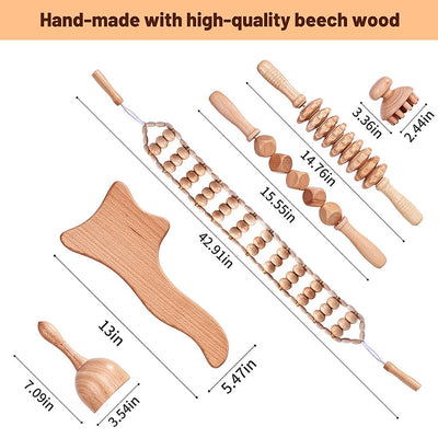 Beech wood therapy scraping cup, meridian dredging roller, tendon rolling stick, scraping board, head massager, massage set - Korvel