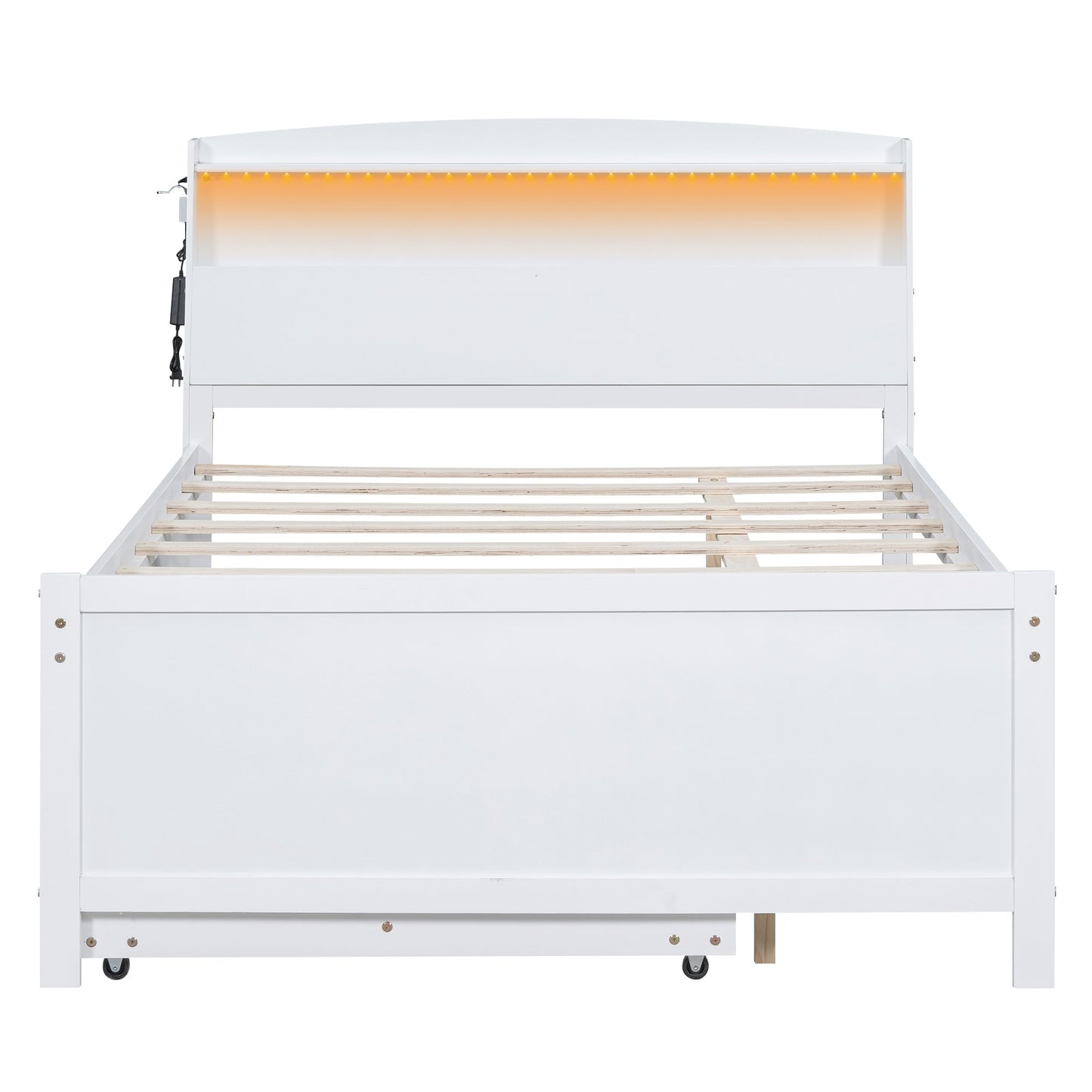 Full Size Platform Bed with Storage LED Headboard  Twin Size Trundle and 3 Drawers White - Korvel