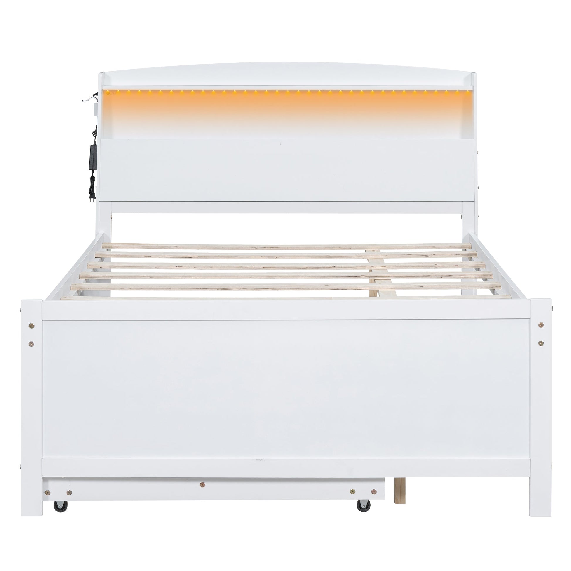 Full Size Platform Bed with Storage LED Headboard  Twin Size Trundle and 3 Drawers White - Korvel