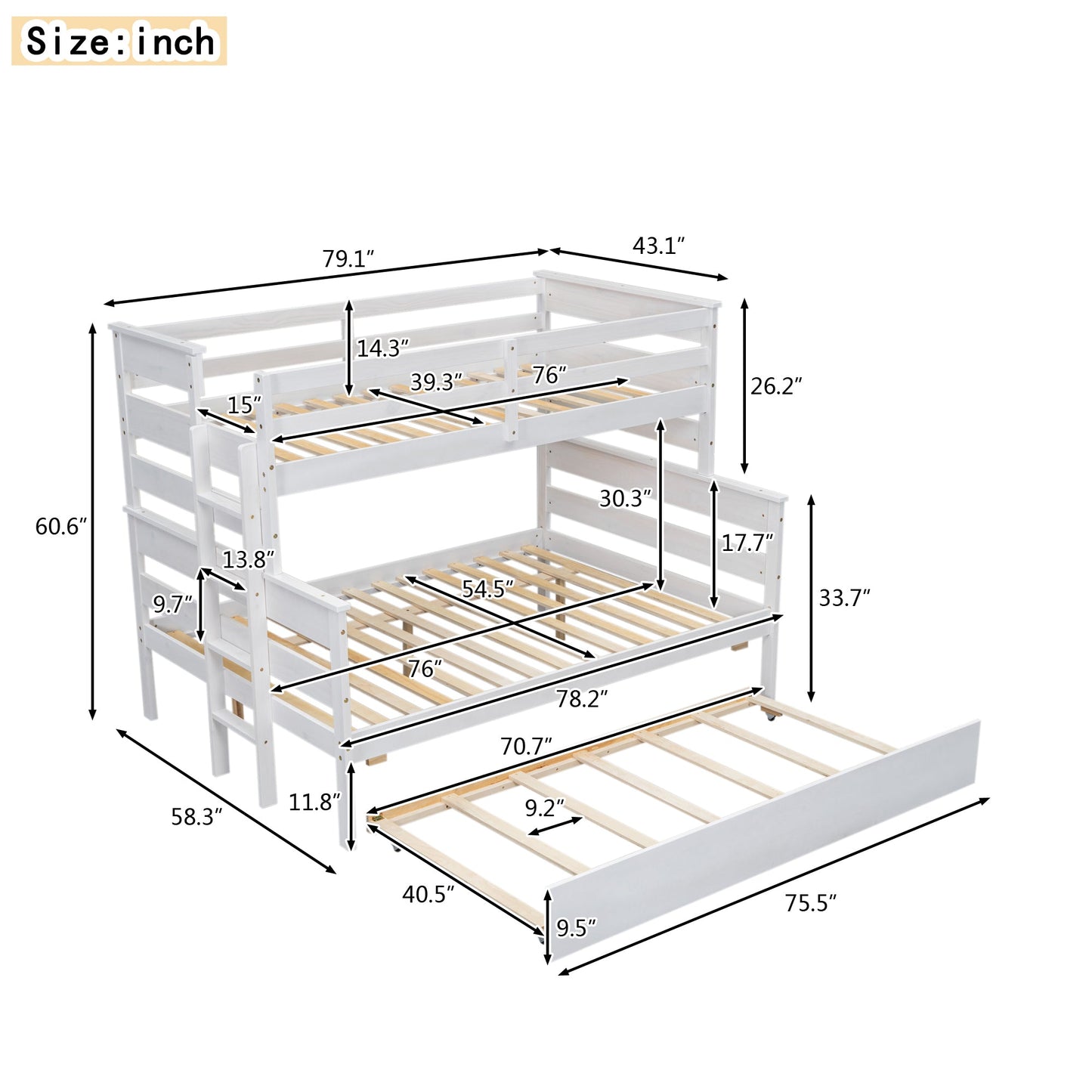 Wood Twin over Full Bunk Bed with Twin Size Trundle  White - Korvel