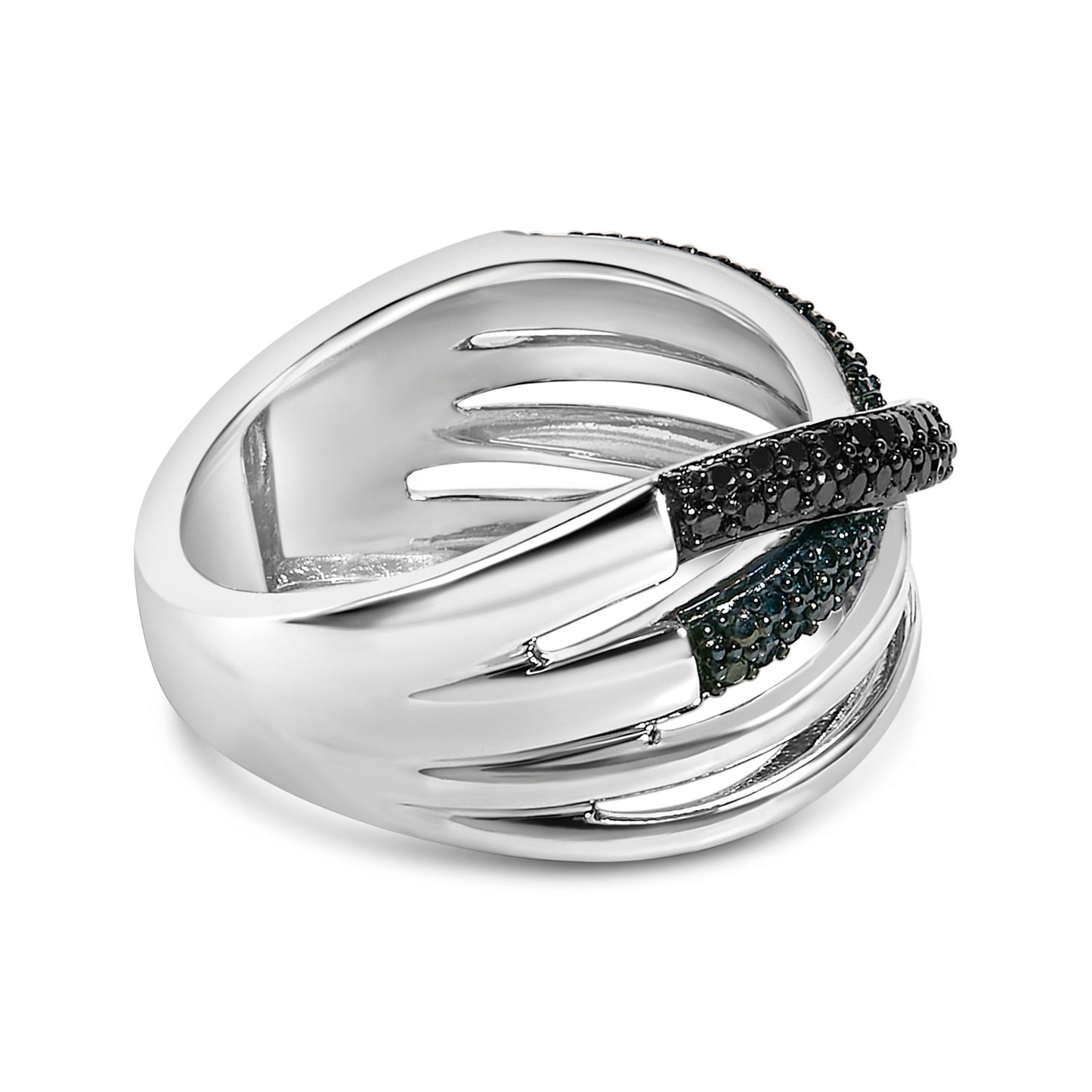 Sterling Silver 1/2 Cttw Black and Blue Diamond Crossover Ring