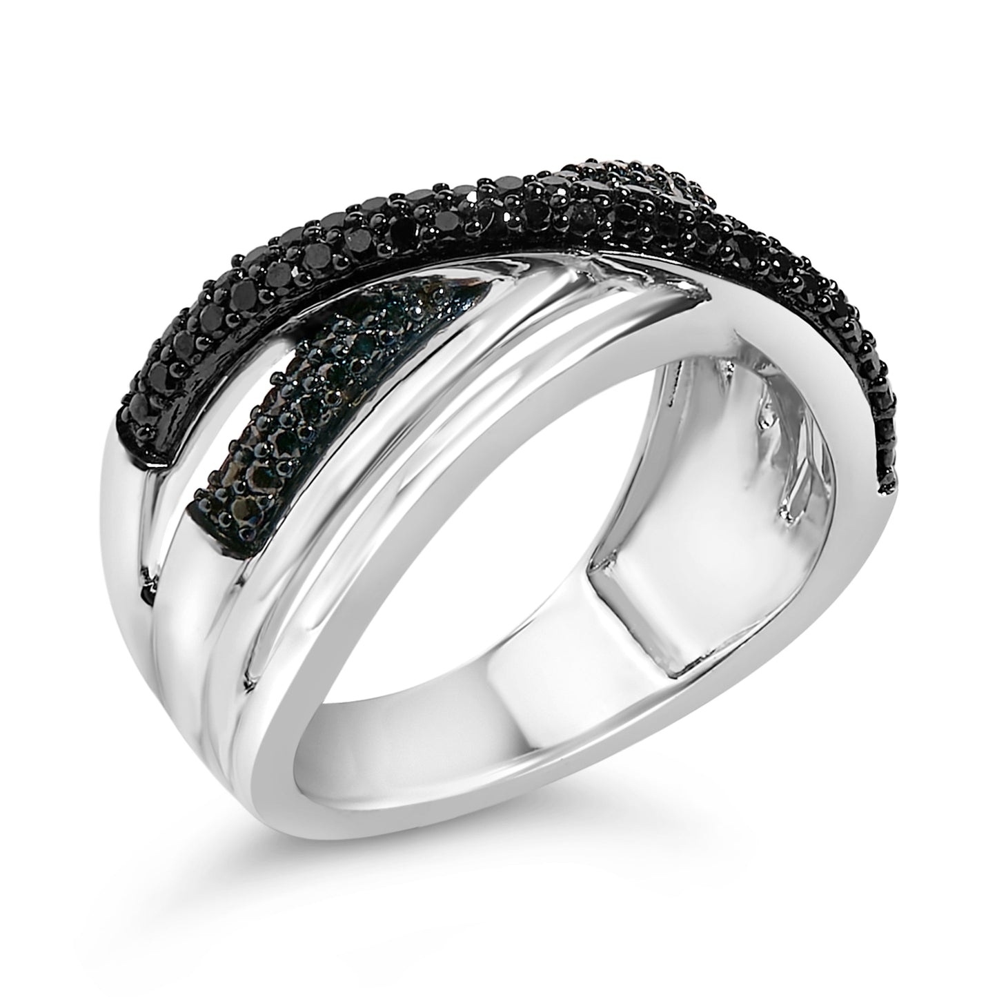 Sterling Silver 1/2 Cttw Black and Blue Diamond Crossover Ring