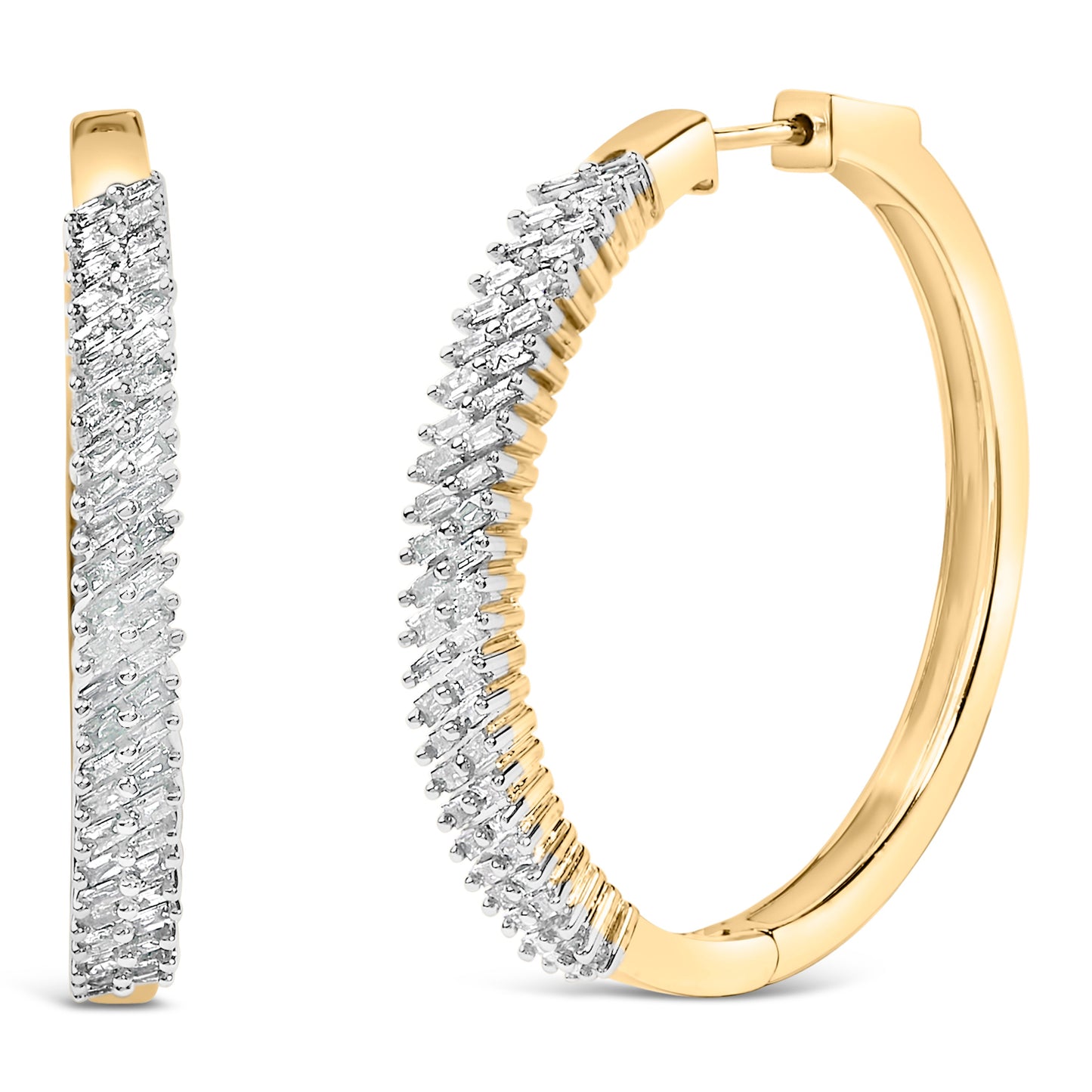 Pendientes de aro de diamantes baguette de plata esterlina chapada en oro amarillo de 14K