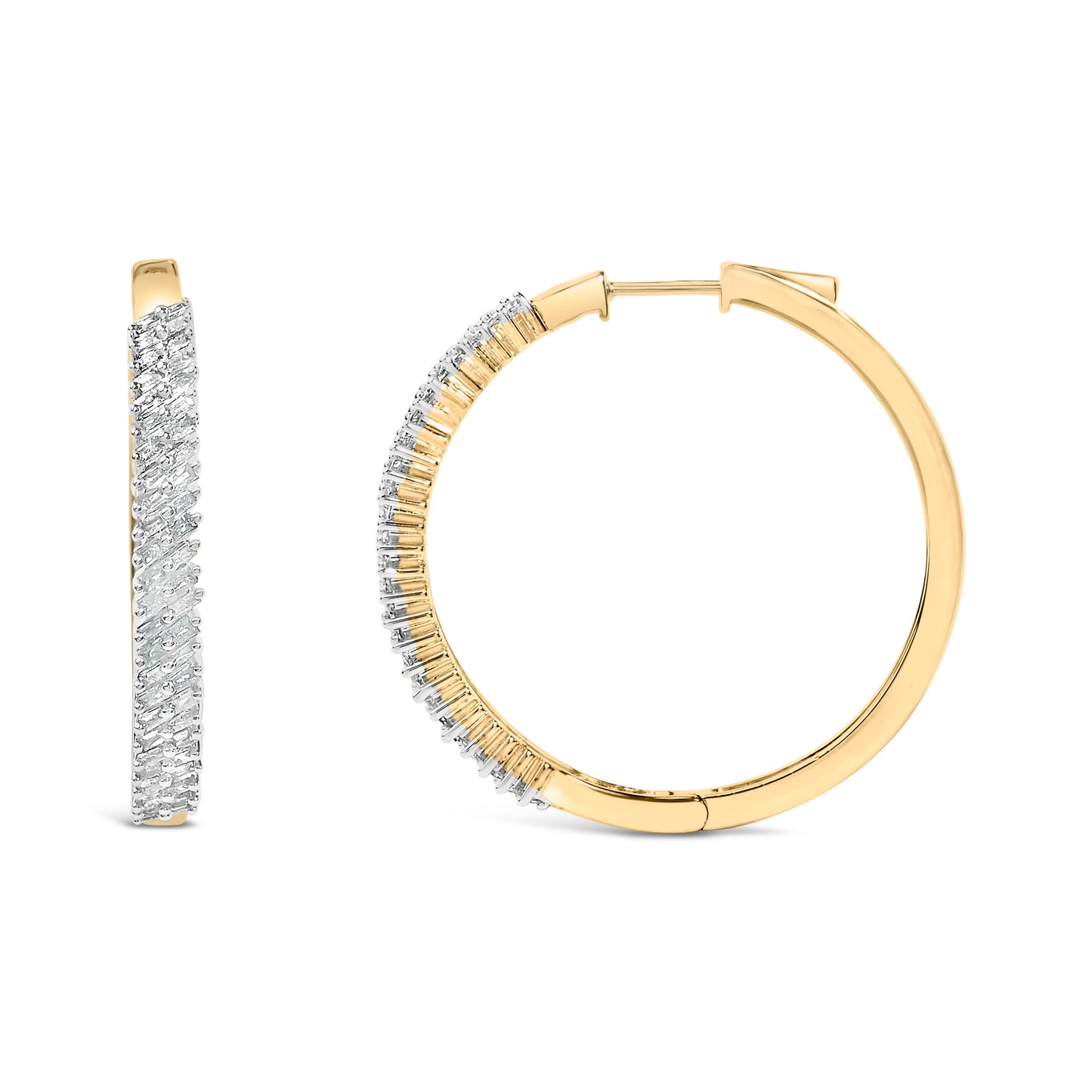 Pendientes de aro de diamantes baguette de plata esterlina chapada en oro amarillo de 14K
