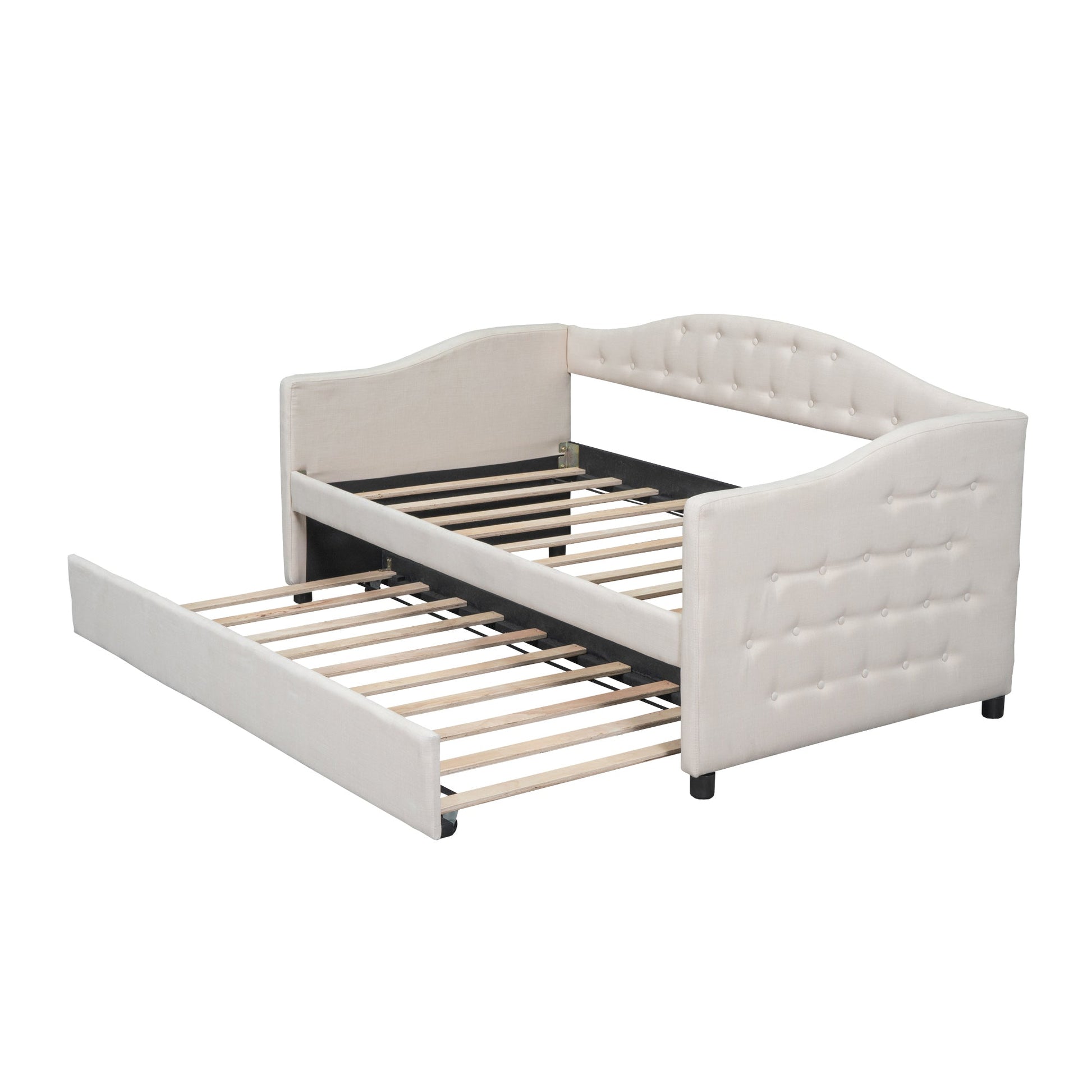 Upholstered Twin Size Daybed with Trundle, Beige - Korvel