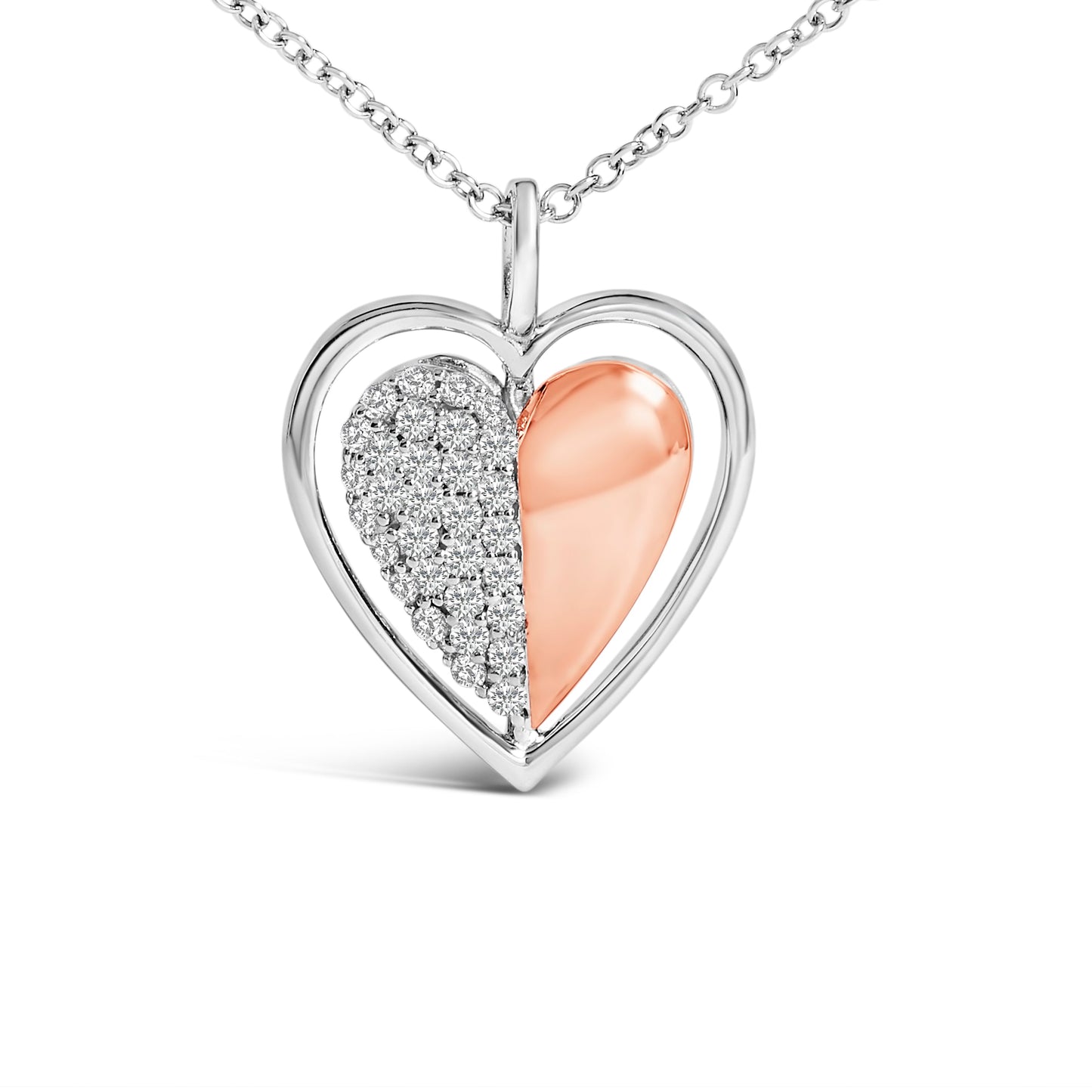Collier Pendentif Cœur en Argent Sterling Plaqué Or Rose 10K avec Diamants