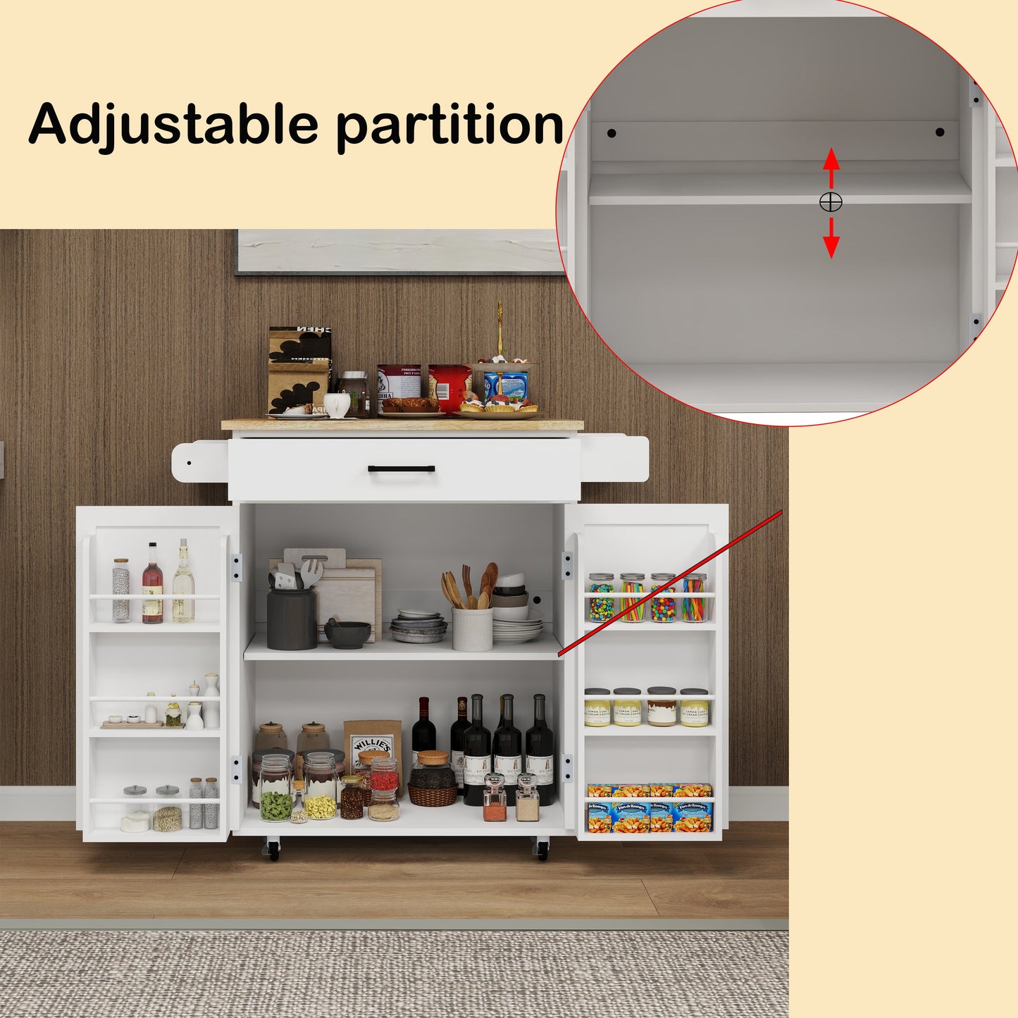 Kitchen island rolling trolley cart with 1 drawer & 2 doors with storage racks & Adjustable Shelves & towel rack - Korvel