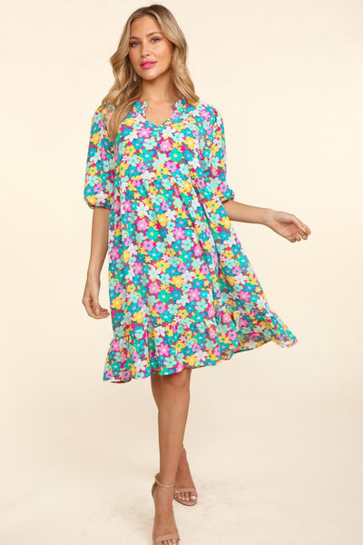 Charming Bubble Sleeve Floral Ruffled Dress for Women