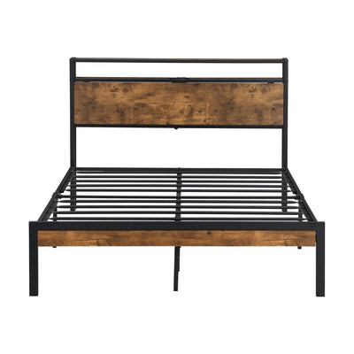 Queen Size Metal Platform Bed Frame with Wooden Headboard and Footboard with USB LINER - Korvel