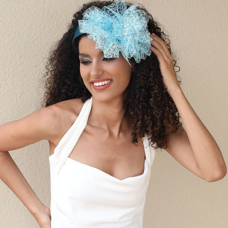 Solid color sequin flower wide edge girl style mesh headband - Korvel