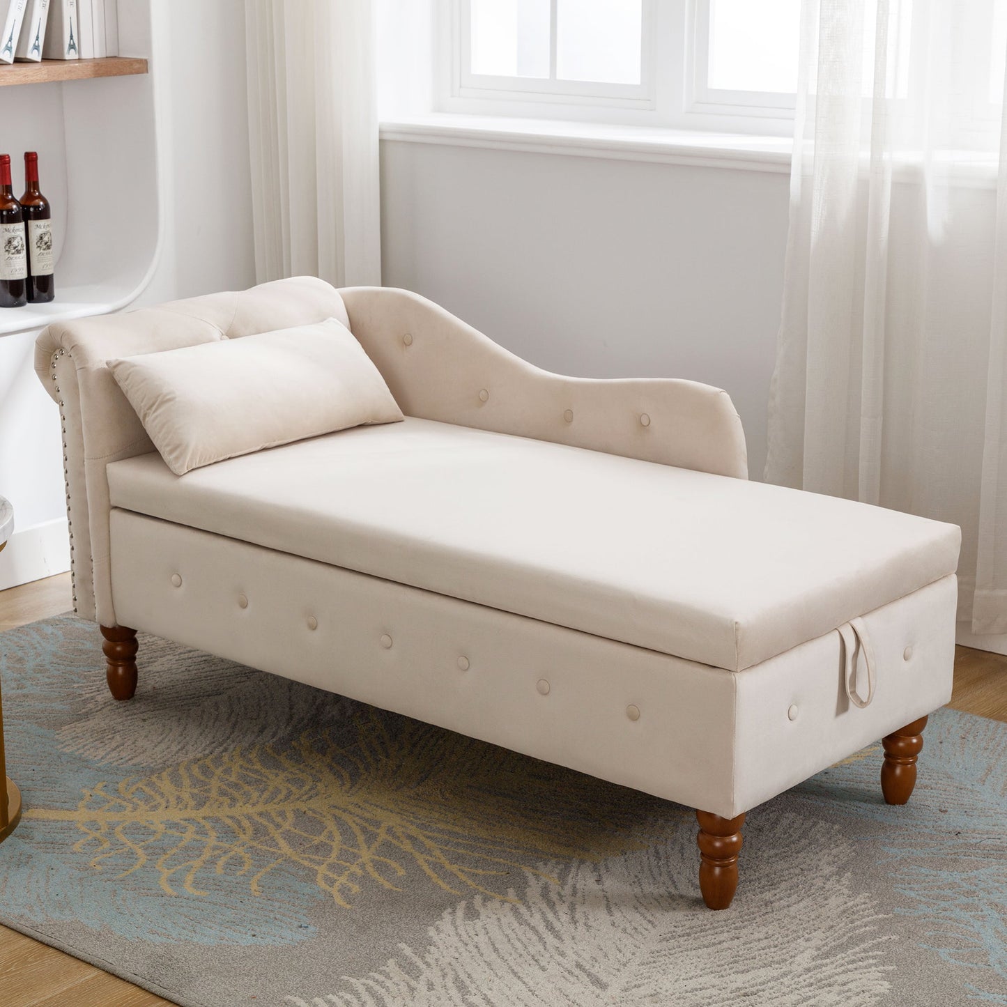 Beige Chaise Lounge Indoor Velvet Lounge Chair for Bedroom with Storage & Pillow Modern Upholstered Rolled Arm Chase Lounge - Korvel