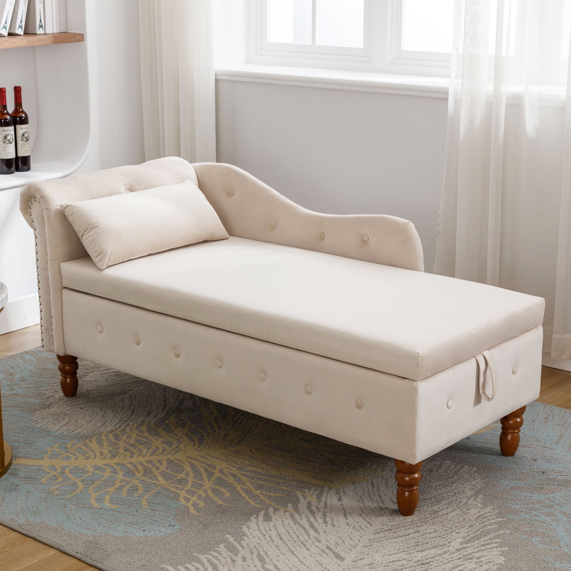 Beige Chaise Lounge Indoor Velvet Lounge Chair for Bedroom with Storage & Pillow Modern Upholstered Rolled Arm Chase Lounge - Korvel