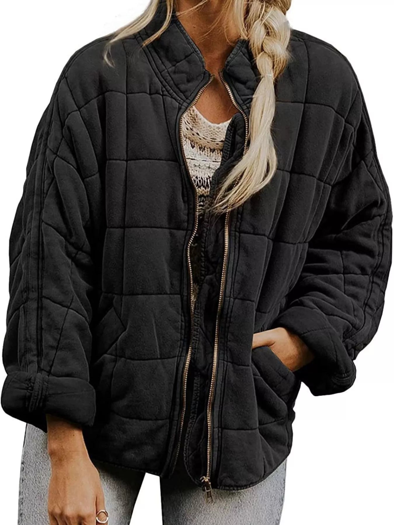 Plus Size Full Zip Quilted Bomber Jacket