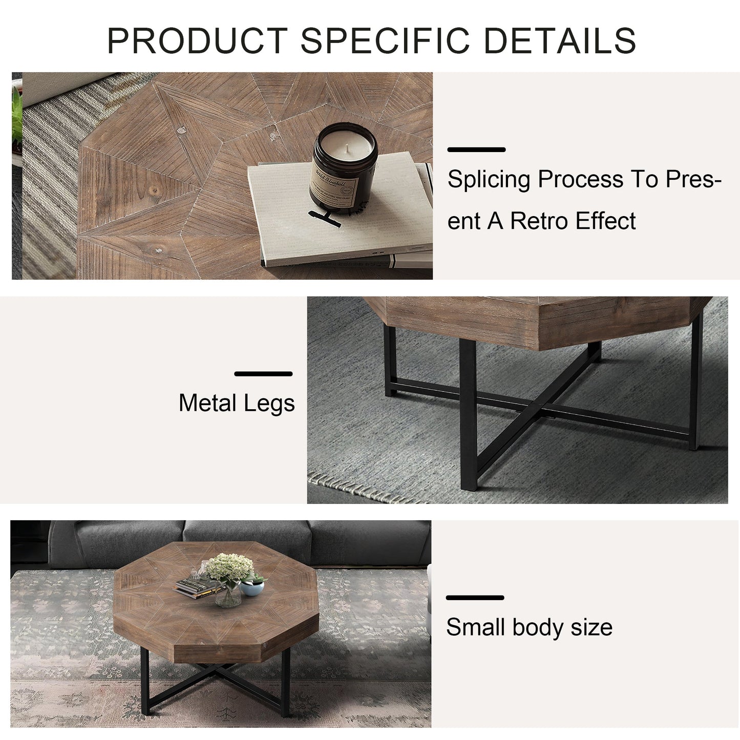 Mesa de café octagonal de madera marrón antigua con patas de metal