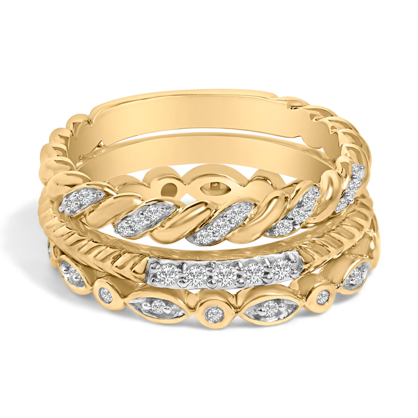 14K Yellow Gold Plated Sterling Silver Diamond Twist Leaf Ring Set