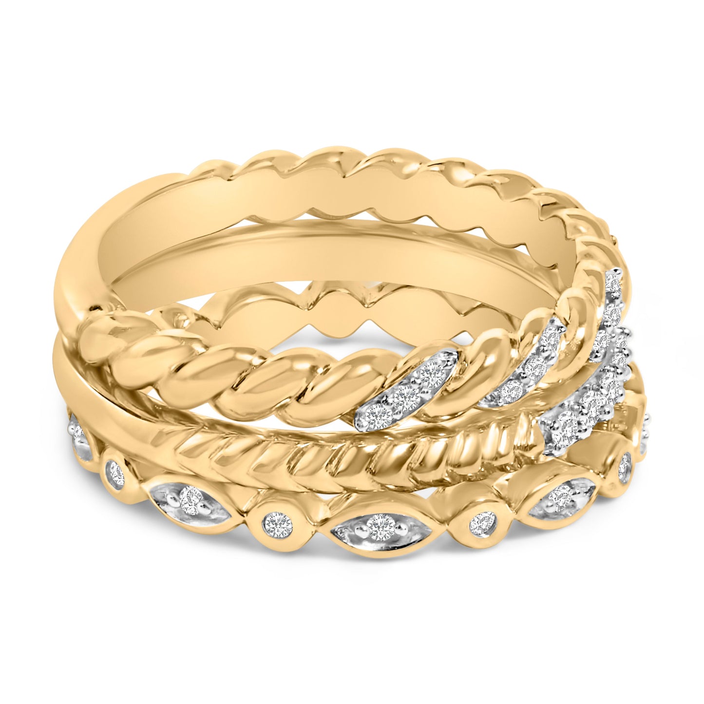 14K Yellow Gold Plated Sterling Silver Diamond Twist Leaf Ring Set