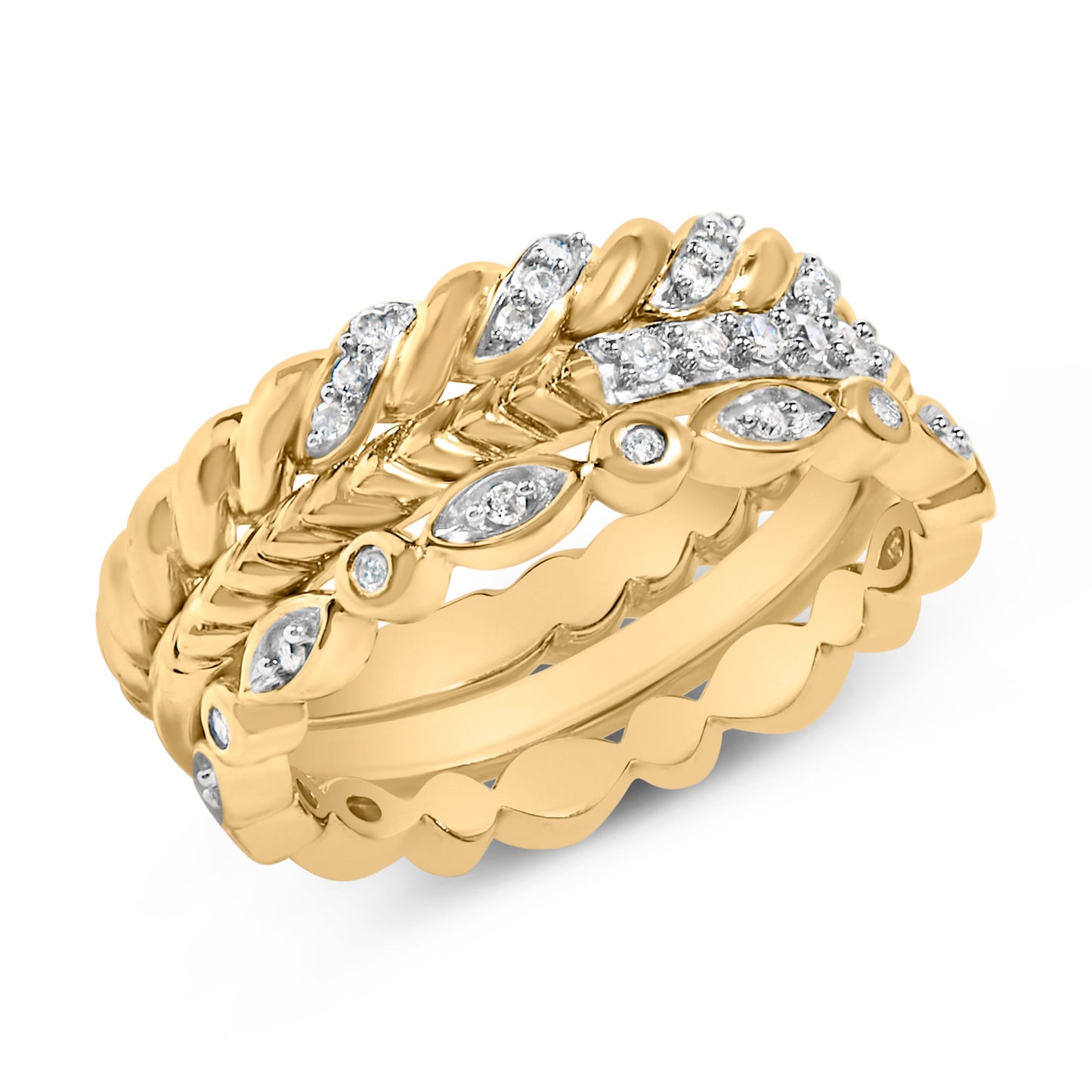 14K Yellow Gold Plated Sterling Silver Diamond Twist Leaf Ring Set