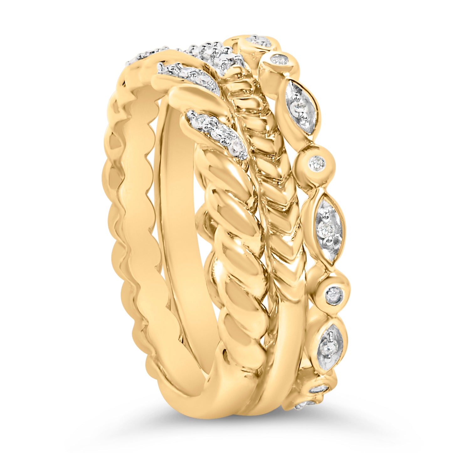 14K Yellow Gold Plated Sterling Silver Diamond Twist Leaf Ring Set