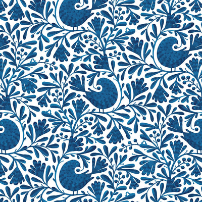 Tela de algodón Navy Isla con pájaros y ramas - 44"/45" por yarda