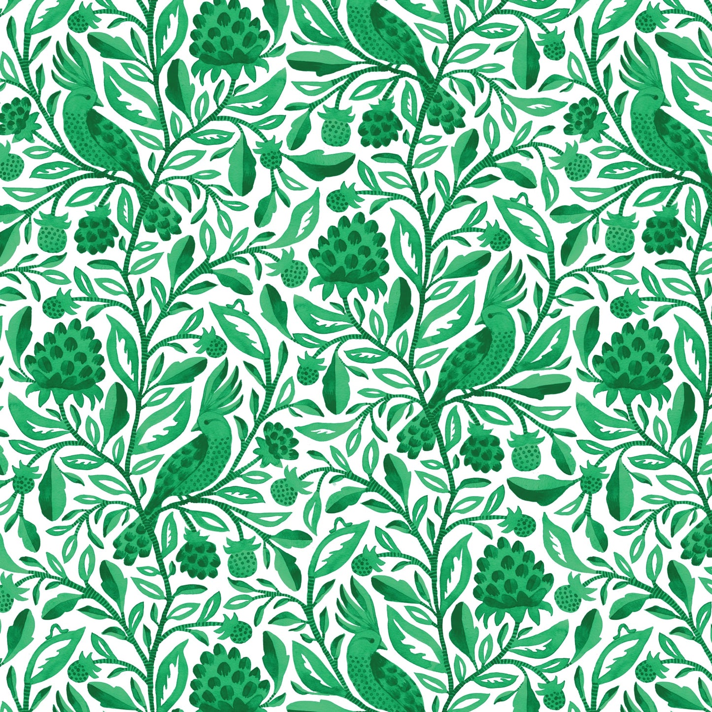 Tela de Algodón Verde Esmeralda con Pájaros y Ramas - 44"/45" por Yarda