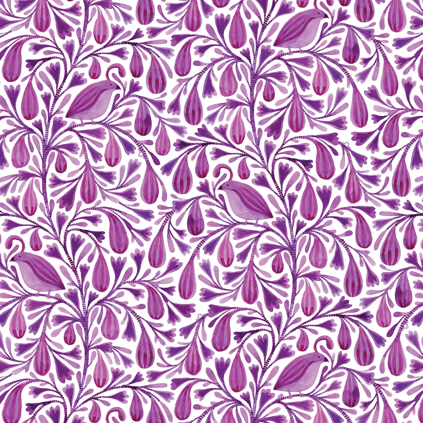 Tela de Algodón con Pájaros y Ramas en Magenta Oscuro