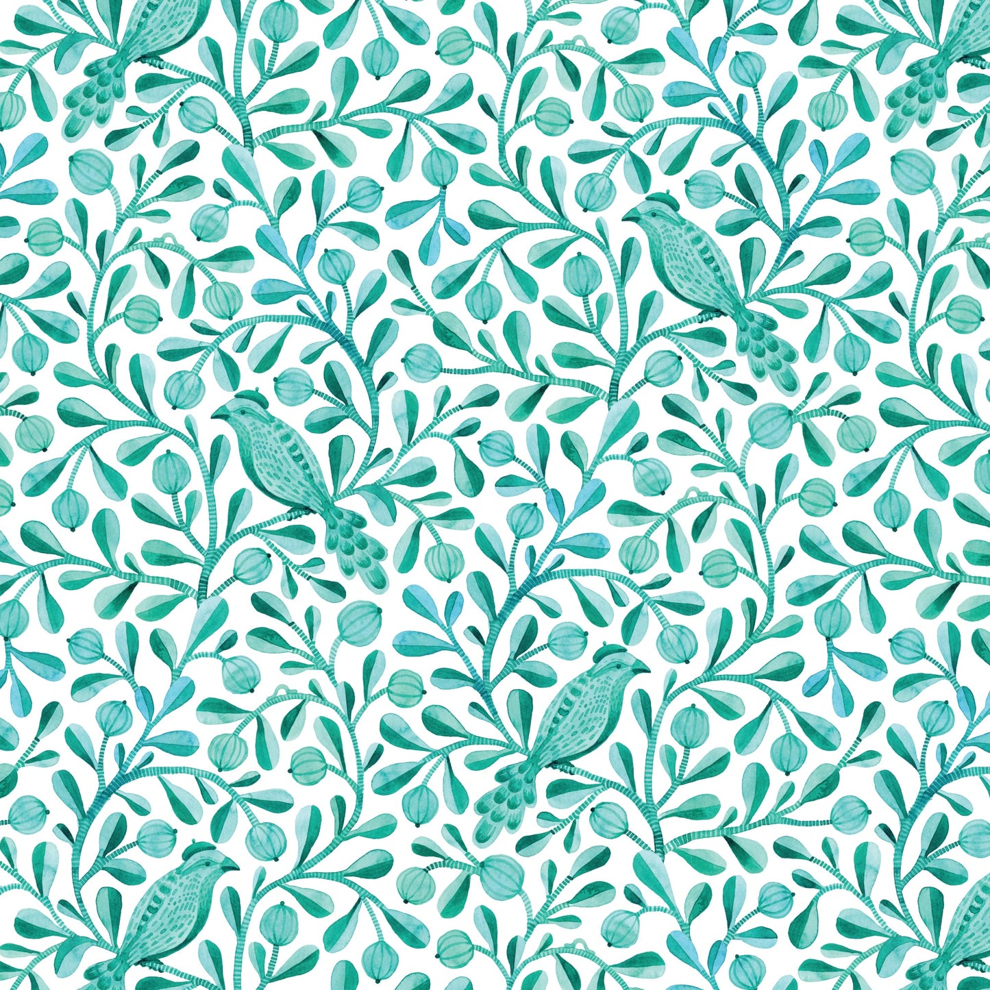 Tela de Algodón Turquesa Felipe con Pájaros y Ramas - 44"/45" por Yarda