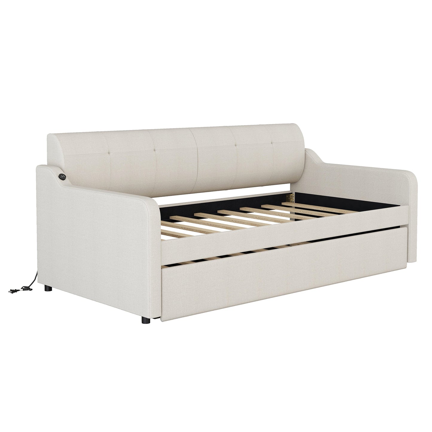 Twin Size Upholstery Daybed with Trundle and USB Charging Design Trundle can be flat or erected Beige - Korvel
