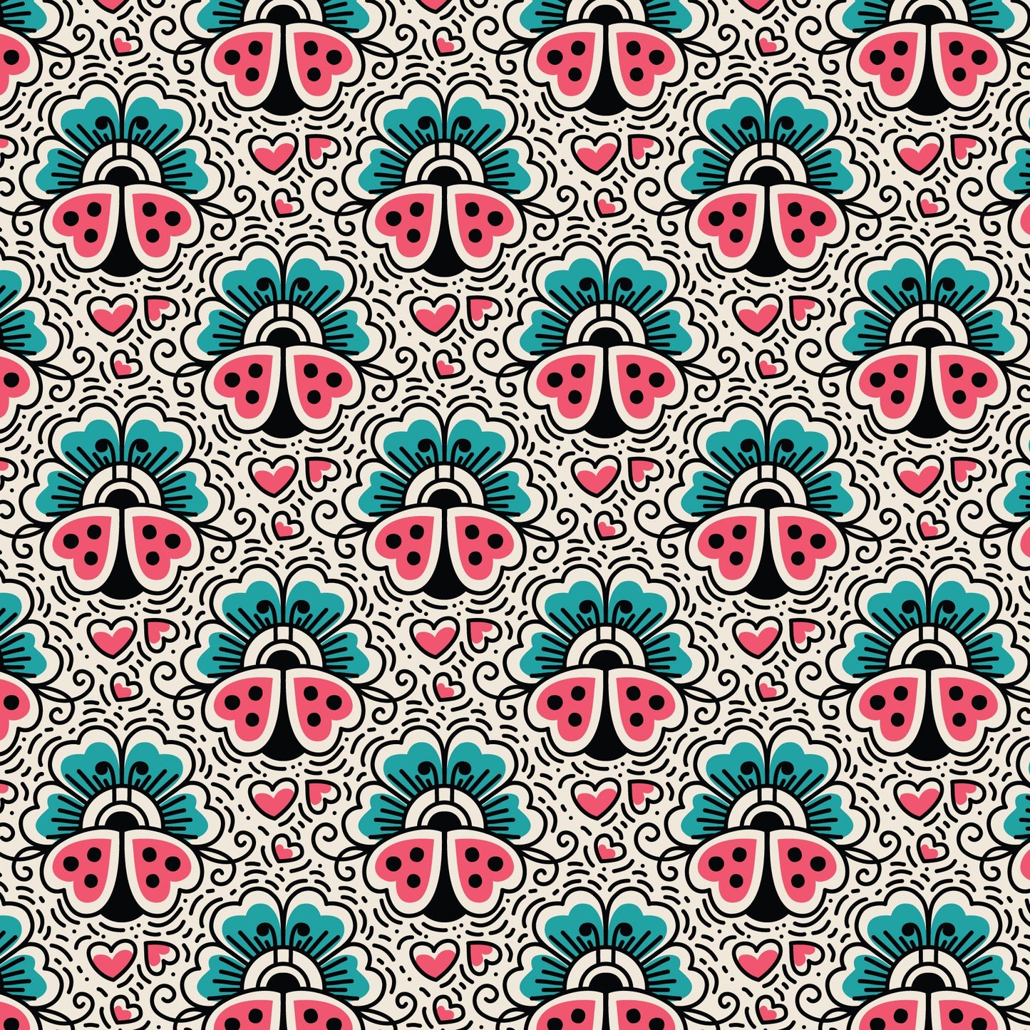 Tela de algodón Love Ink de mariquitas y flores - 44"/45" por yarda