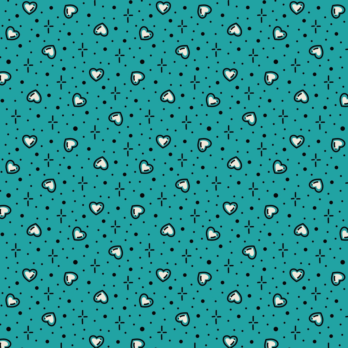 Teal Hearts Love Ink Cotton Fabric 44"/45" Per Yard
