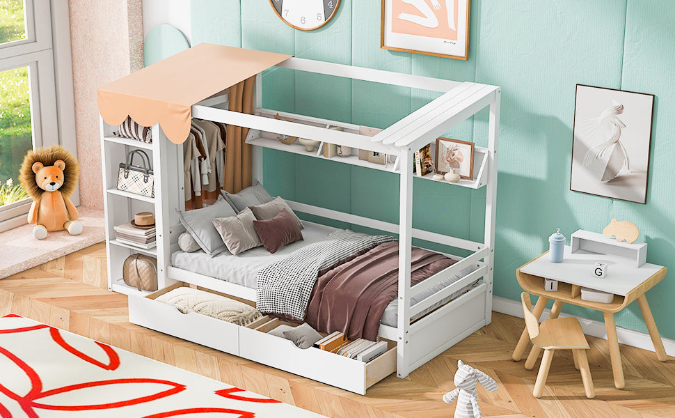 Twin Size House Bed with Two Drawers and Wardrobe - White