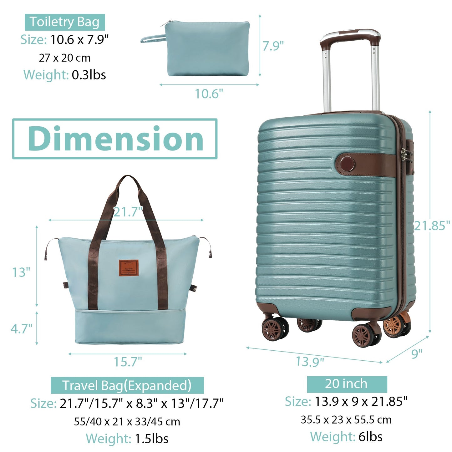 Luggage Sets 3 Piece Carry on Luggage 22x14x9 Airline Approved, Lightweight Hardshell ABS Suitcases with Wheels, 20 inch, Blue - Korvel